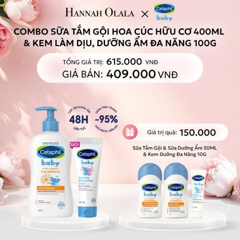  E410: DEAL 11: COMBO SỮA TẮM GỘI DỊU LÀNH CHO BÉ CETAPHIL BABY WASH & SHAMPOO VỚI HOA CÚC HỮU CƠ 400ML & KEM LÀM DỊU VÀ DƯỠNG ẨM CHO BÉ CETAPHIL BABY SOOTHING & MOISTURISING CREAM 100G 