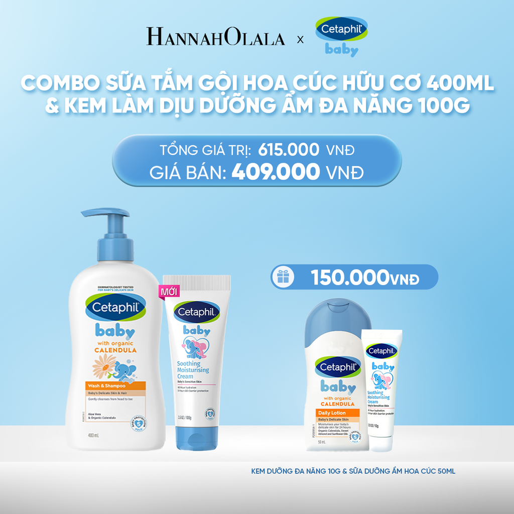  DEAL 11: COMBO SỮA TẮM GỘI DỊU LÀNH CHO BÉ CETAPHIL BABY WASH & SHAMPOO VỚI HOA CÚC HỮU CƠ 400ML & KEM LÀM DỊU VÀ DƯỠNG ẨM CHO BÉ CETAPHIL BABY SOOTHING & MOISTURISING CREAM 100G 