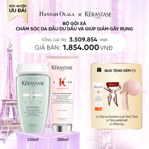  DEAL 6: BỘ GỘI XẢ CHĂM SÓC DA ĐẦU DƯ DẦU VÀ GIÚP GIẢM GÃY RỤNG (KÉRASTASE DIVALENT BAIN SATIN 250ML + GENESIS FONDANT RENFORCATEUR 200ML) 