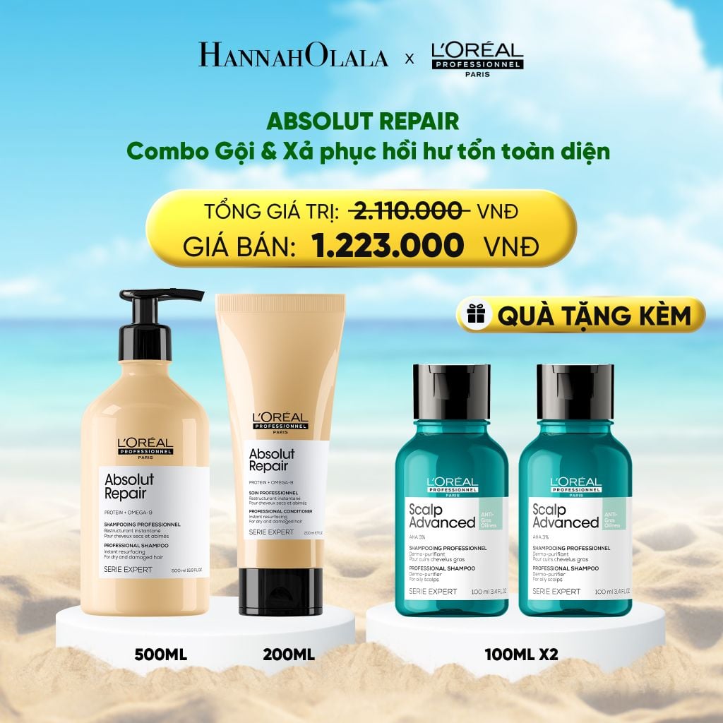  DEAL 3: BỘ DẦU GỘI 500ML & DẦU XẢ 200ML DƯỠNG TÓC MỀM MƯỢT & PHỤC HỒI ABSOLUT REPAIR GOLD 