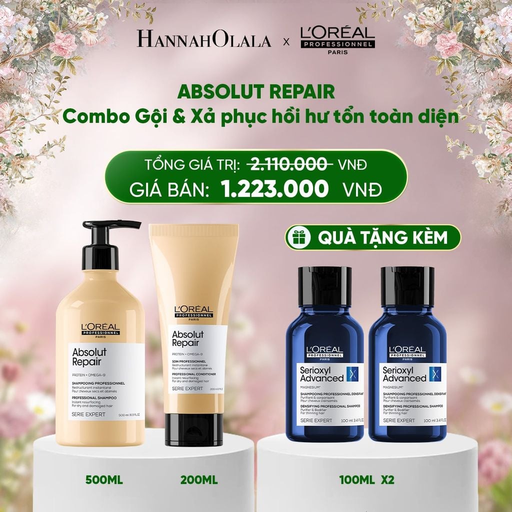  DEAL 3: BỘ DẦU GỘI 500ML & DẦU XẢ 200ML DƯỠNG TÓC MỀM MƯỢT & PHỤC HỒI ABSOLUT REPAIR GOLD 