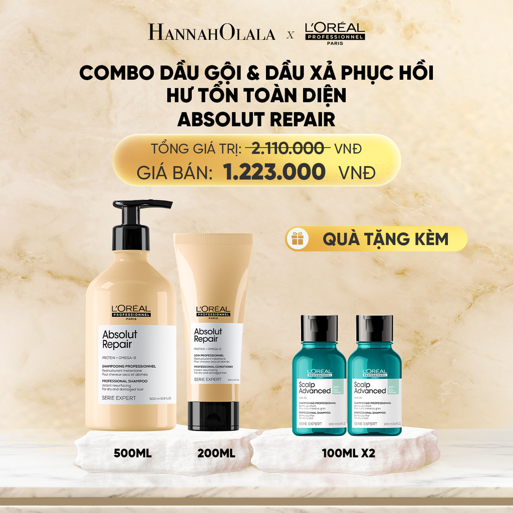  BỘ DẦU GỘI 500ML & DẦU XẢ 200ML DƯỠNG TÓC MỀM MƯỢT & PHỤC HỒI ABSOLUT REPAIR GOLD 