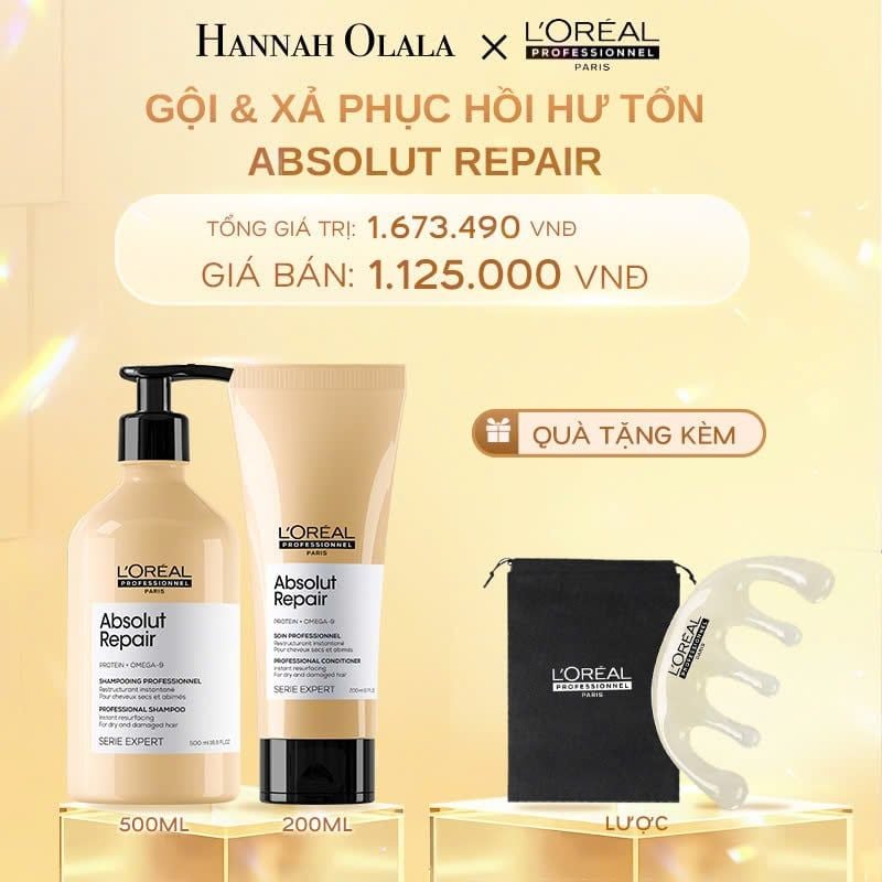  DEAL 3: BỘ DẦU GỘI 500ML & DẦU XẢ 200ML DƯỠNG TÓC MỀM MƯỢT & PHỤC HỒI ABSOLUT REPAIR GOLD 