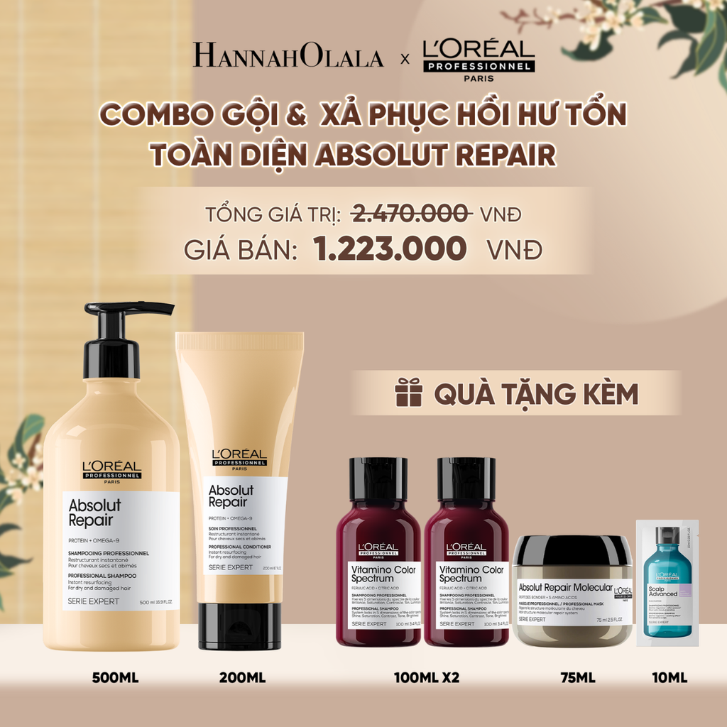  BỘ DẦU GỘI 500ML & DẦU XẢ 200ML DƯỠNG TÓC MỀM MƯỢT & PHỤC HỒI ABSOLUT REPAIR GOLD - A246 