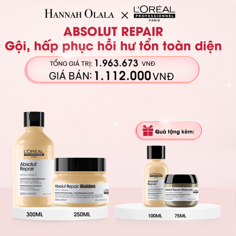  E824_DEAL 5: COMBO DẦU GỘI 300ML & MẶT NẠ NHŨ VÀNG 250ML PHỤC HỒI TÓC HƯ TỔN L'ORÉAL PROFESSIONNEL SERIE EXPERT ABSOLUT REPAIR GOLD 