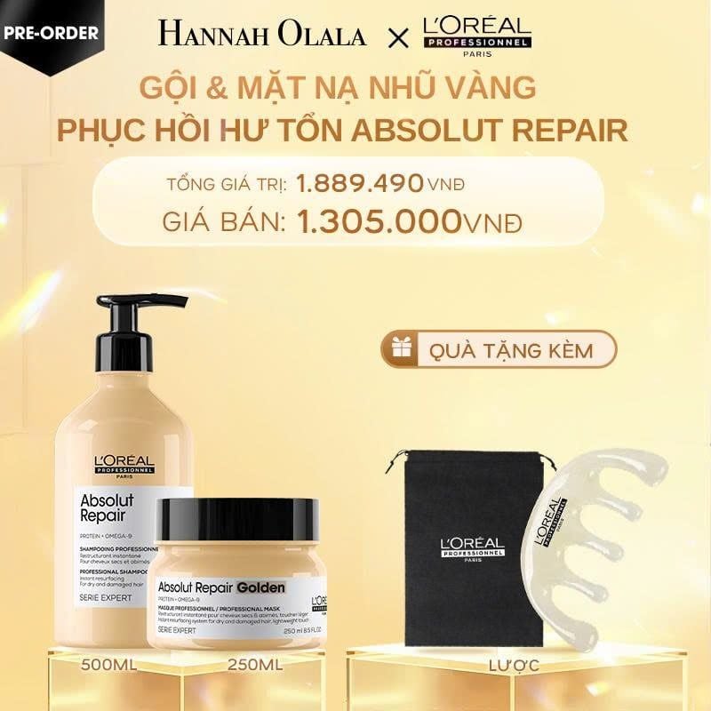  DEAL 5: COMBO DẦU GỘI 500ML & MẶT NẠ NHŨ VÀNG 250ML PHỤC HỒI TÓC HƯ TỔN L'ORÉAL PROFESSIONNEL SERIE EXPERT ABSOLUT REPAIR 