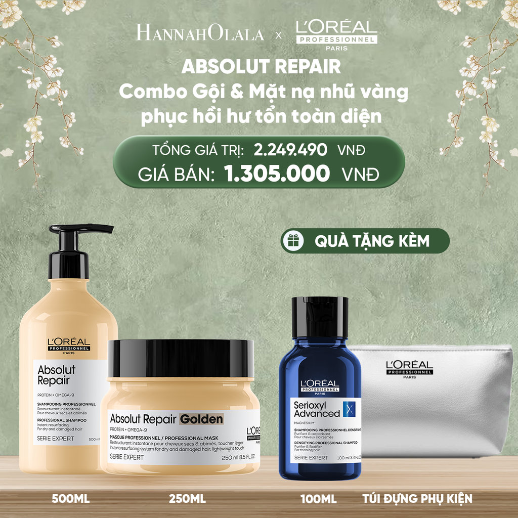  DEAL 5: COMBO DẦU GỘI 500ML & MẶT NẠ NHŨ VÀNG 250ML PHỤC HỒI TÓC HƯ TỔN L'ORÉAL PROFESSIONNEL SERIE EXPERT ABSOLUT REPAIR 