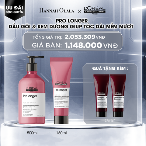 DEAL 3: COMBO DẦU GỘI 500ML & KEM DƯỠNG 150ML GIÚP TÓC DÀI MỀM MƯỢT, GIẢM GÃY RỤNG, CHẺ NGỌN CHUYÊN NGHIỆP PRO LONGER 