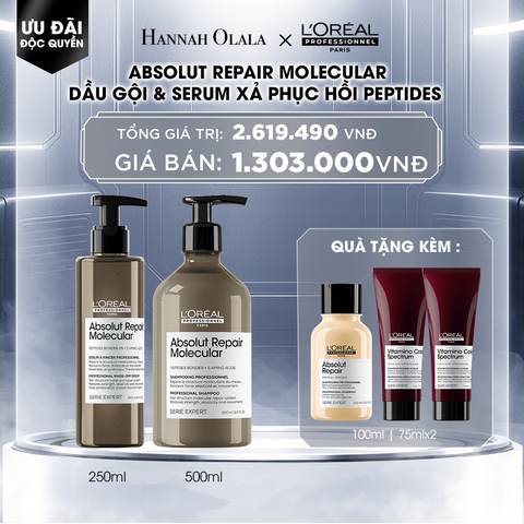  DEAL 8: COMBO DẦU GỘI 500ML + SERUM XẢ 250ML PHỤC HỒI PEPTIDES CHO TÓC HƯ TỔN L'ORÉAL PROFESSIONNEL ABSOLUT REPAIR MOLECULAR 