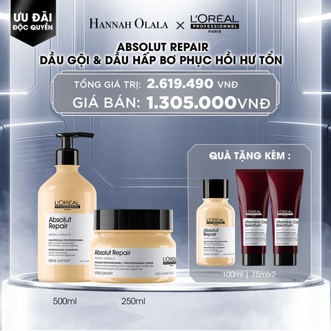  DEAL 4: COMBO DẦU GỘI 500ML & MẶT NẠ BƠ 250ML PHỤC HỒI TÓC HƯ TỔN L'ORÉAL PROFESSIONNEL SERIE EXPERT ABSOLUT REPAIR 