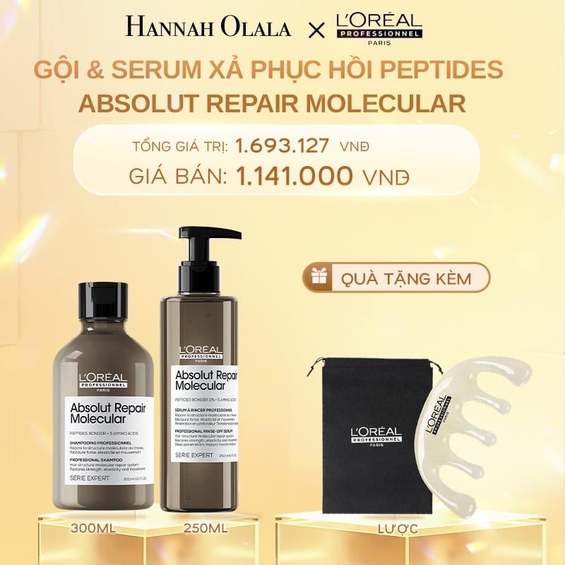  DEAL 10: BỘ DẦU GỘI 300ML + SERUM XẢ 250ML PHỤC HỒI PEPTIDES CHO TỐC HƯ TỔN ABSOLUT REPAIR MOLECULAR 