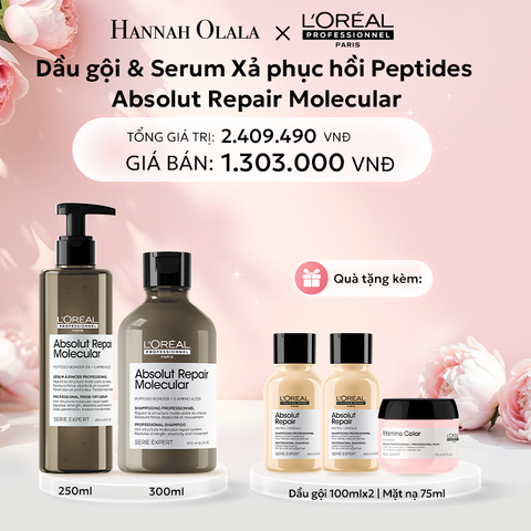  E452: DEAL 8: COMBO DẦU GỘI 500ML + SERUM XẢ 250ML PHỤC HỒI PEPTIDES CHO TÓC HƯ TỔN L'ORÉAL PROFESSIONNEL ABSOLUT REPAIR MOLECULAR 