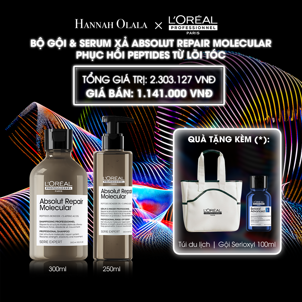  DEAL 10: BỘ DẦU GỘI 300ML + SERUM XẢ 250ML PHỤC HỒI PEPTIDES CHO TÓC HƯ TỔN ABSOLUT REPAIR MOLECULAR 