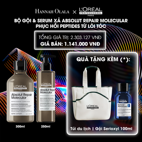  DEAL 10: BỘ DẦU GỘI 300ML + SERUM XẢ 250ML PHỤC HỒI PEPTIDES CHO TÓC HƯ TỔN ABSOLUT REPAIR MOLECULAR 