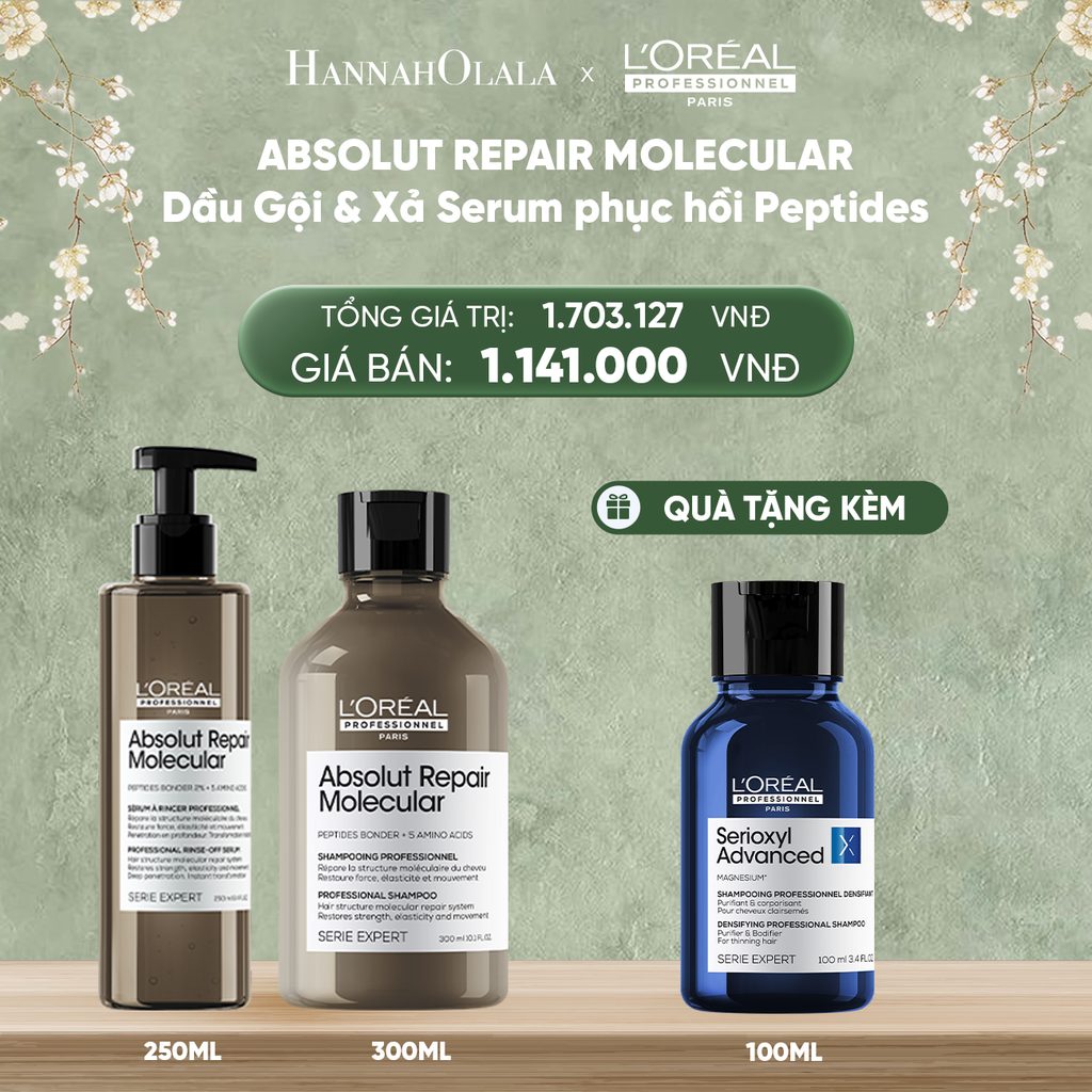  DEAL 10: BỘ DẦU GỘI 300ML + SERUM XẢ 250ML PHỤC HỒI PEPTIDES CHO TỐC HƯ TỔN ABSOLUT REPAIR MOLECULAR 