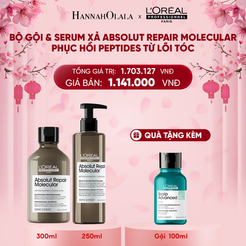  DEAL 10: BỘ DẦU GỘI 300ML + SERUM XẢ 250ML PHỤC HỒI PEPTIDES CHO TỐC HƯ TỔN ABSOLUT REPAIR MOLECULAR 