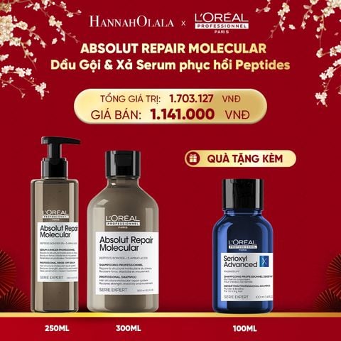  DEAL 11: BỘ DẦU GỘI 300ML + SERUM XẢ 250ML PHỤC HỒI PEPTIDES CHO TỐC HƯ TỔN ABSOLUT REPAIR MOLECULAR 