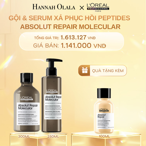  DEAL 10: BỘ DẦU GỘI 300ML + SERUM XẢ 250ML PHỤC HỒI PEPTIDES CHO TỐC HƯ TỔN ABSOLUT REPAIR MOLECULAR 