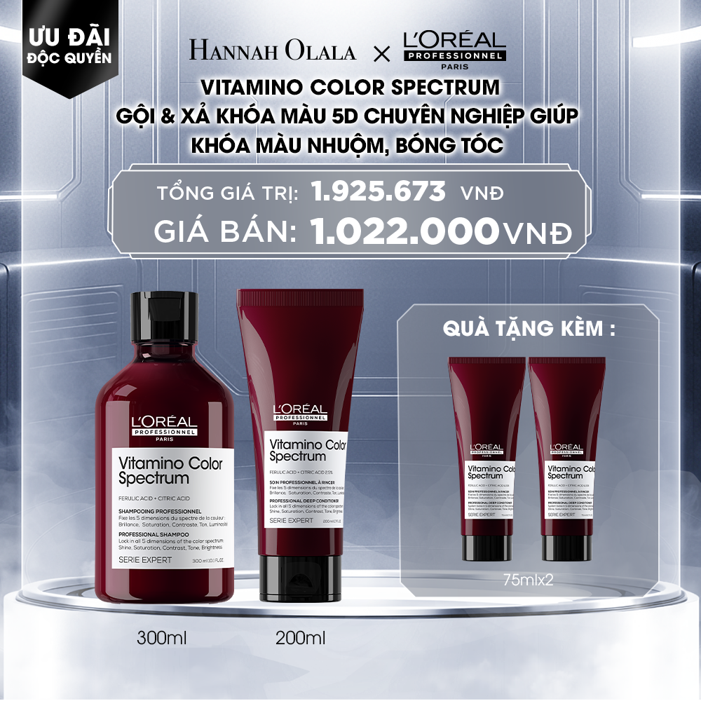  DEAL 9: COMBO GỘI 300ML & DẦU XẢ 200ML KHÓA MÀU 5D CHUYÊN NGHIỆP GIÚP KHÓA MÀU NHUỘM, BÓNG TÓC L'ORÉAL PROFESSIONNEL VITAMINO COLOR SPECTRUM 