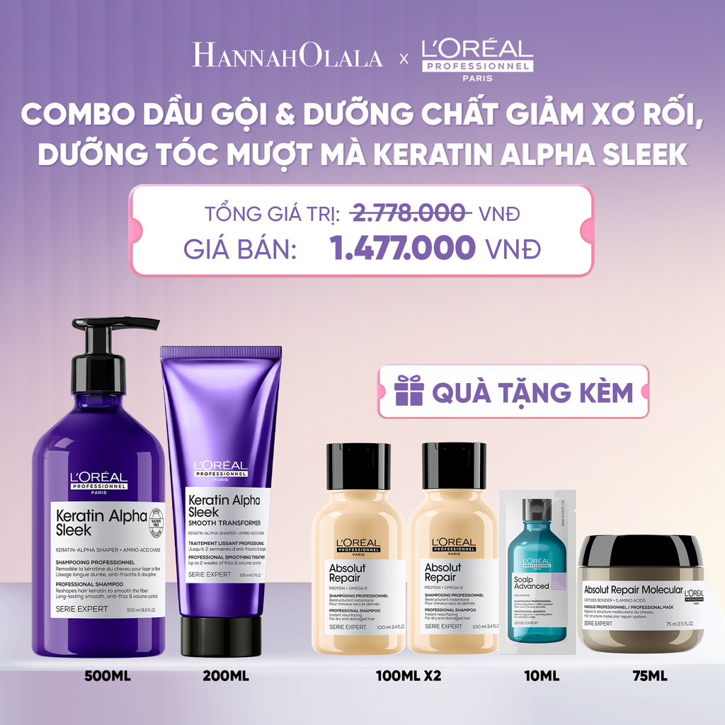  COMBO DẦU GỘI 500ML & DƯỠNG CHẤT 200ML GIẢM XƠ RỐI, DƯỠNG TÓC MƯỢT MÀ, KERATIN ALPHA SLEEK  - L047 