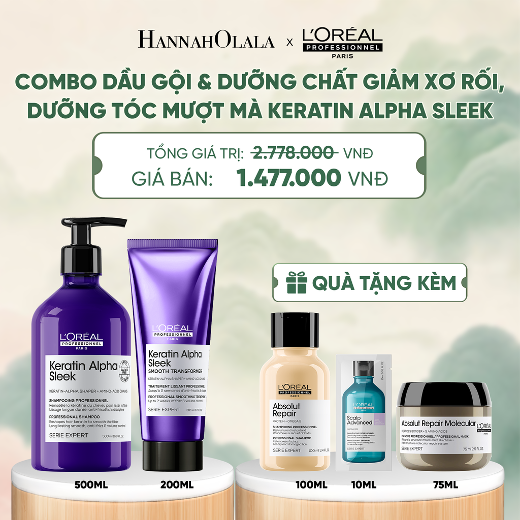  COMBO DẦU GỘI 500ML & DƯỠNG CHẤT 200ML GIẢM XƠ RỐI, DƯỠNG TÓC MƯỢT MÀ, KERATIN ALPHA SLEEK - A423 