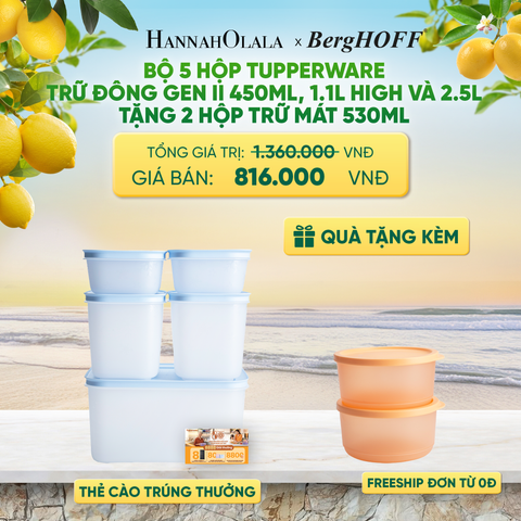  BỘ 5 HỘP ĐỰNG THỰC PHẨM TUPPERWARE TRỮ ĐÔNG GEN II 450ML, 1.1L HIGH VÀ 2.5L TẶNG 2 HỘP TRỮ MÁT - DEAL 54 