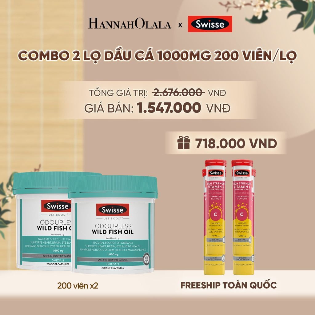  COMBO 2 LỌ DẦU CÁ SWISSE ULTIBOOST ODOURLESS WILD FISH OIL 1000MG 200 VIÊN/LỌ - A92 