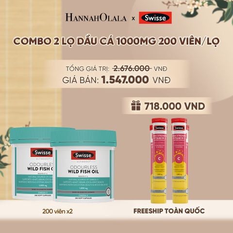  COMBO 2 LỌ DẦU CÁ SWISSE ULTIBOOST ODOURLESS WILD FISH OIL 1000MG 200 VIÊN/LỌ - A92 