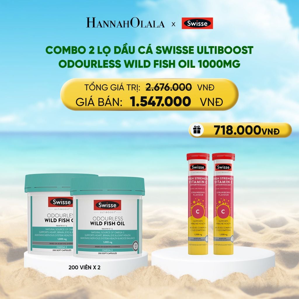 DEAL 8: COMBO 2 LỌ DẦU CÁ SWISSE ULTIBOOST ODOURLESS WILD FISH OIL 1000MG 200 VIÊN/LỌ 