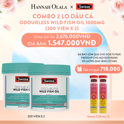  A820_DEAL 10: COMBO 2 LỌ DẦU CÁ SWISSE ULTIBOOST ODOURLESS WILD FISH OIL 1000MG 200 VIÊN/LỌ 