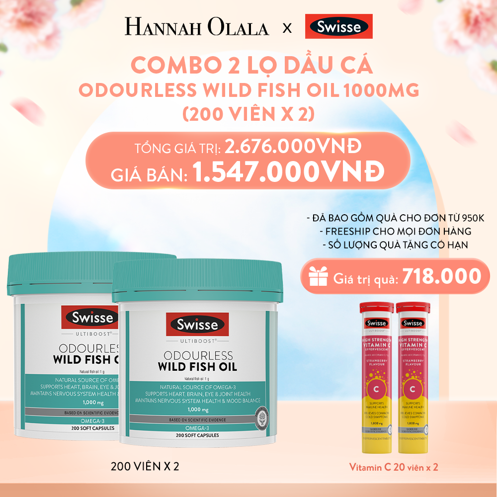  A820_DEAL 10: COMBO 2 LỌ DẦU CÁ SWISSE ULTIBOOST ODOURLESS WILD FISH OIL 1000MG 200 VIÊN/LỌ 
