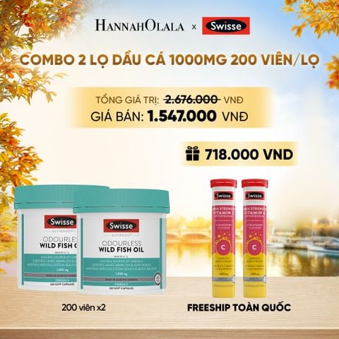  COMBO 2 LỌ DẦU CÁ SWISSE ULTIBOOST ODOURLESS WILD FISH OIL 1000MG 200 VIÊN/LỌ - E859 