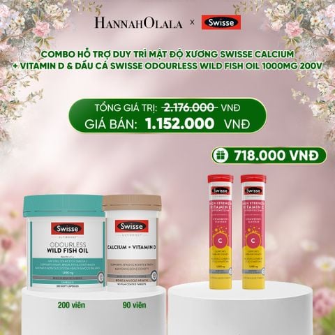  DEAL 10: COMBO HỖ TRỢ DUY TRÌ MẬT ĐỘ XƯƠNG SWISSE CALCIUM + VITAMIN D & DẦU CÁ SWISSE ODOURLESS WILD FISH OIL 1000MG 200V 