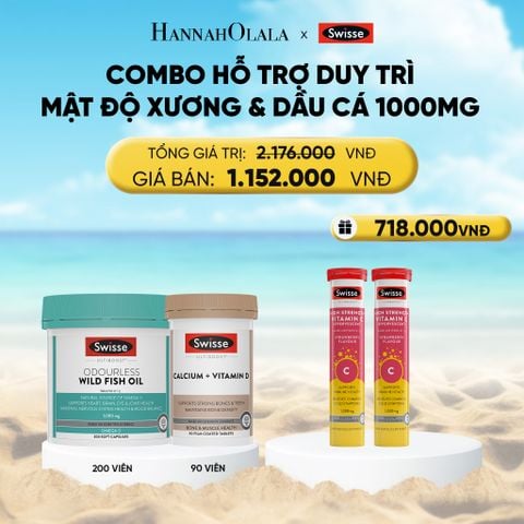  A355_DEAL 10: COMBO HỖ TRỢ DUY TRÌ MẬT ĐỘ XƯƠNG SWISSE CALCIUM + VITAMIN D & DẦU CÁ SWISSE ODOURLESS WILD FISH OIL 1000MG 200V 