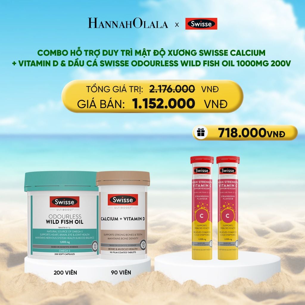  DEAL 10: COMBO HỖ TRỢ DUY TRÌ MẬT ĐỘ XƯƠNG SWISSE CALCIUM + VITAMIN D & DẦU CÁ SWISSE ODOURLESS WILD FISH OIL 1000MG 200V 