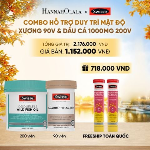  COMBO HỖ TRỢ DUY TRÌ MẬT ĐỘ XƯƠNG SWISSE CALCIUM + VITAMIN D & DẦU CÁ SWISSE ODOURLESS WILD FISH OIL 1000MG 200V - E847 