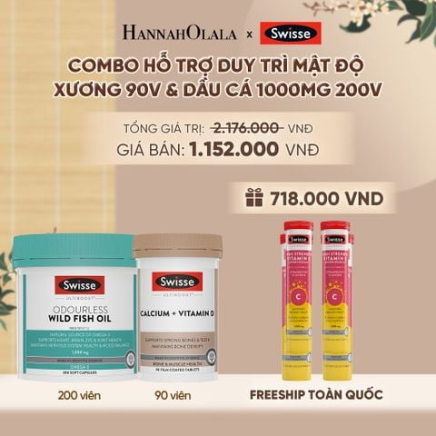  COMBO HỖ TRỢ DUY TRÌ MẬT ĐỘ XƯƠNG SWISSE CALCIUM + VITAMIN D & DẦU CÁ SWISSE ODOURLESS WILD FISH OIL 1000MG 200V - A93 