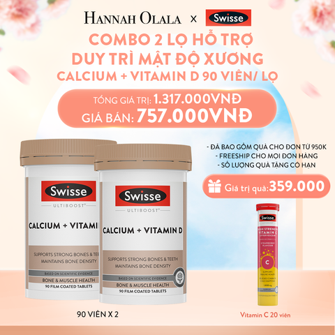  A822_DEAL 12: COMBO 2 LỌ HỖ TRỢ DUY TRÌ MẬT ĐỘ XƯƠNG SWISSE ULTIBOOST CALCIUM + VITAMIN D 90 VIÊN/ LỌ 