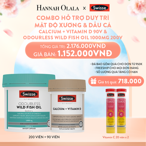 A823_DEAL 13: COMBO HỖ TRỢ DUY TRÌ MẬT ĐỘ XƯƠNG SWISSE CALCIUM + VITAMIN D & DẦU CÁ SWISSE ODOURLESS WILD FISH OIL 1000MG 200V 