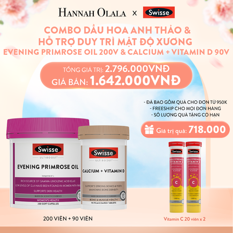  A821_DEAL 11: COMBO DẦU HOA ANH THẢO SWISSE EVENING PRIMROSE OIL 200V & HỖ TRỢ DUY TRÌ MẬT ĐỘ XƯƠNG SWISSE CALCIUM + VITAMIN D 90V 