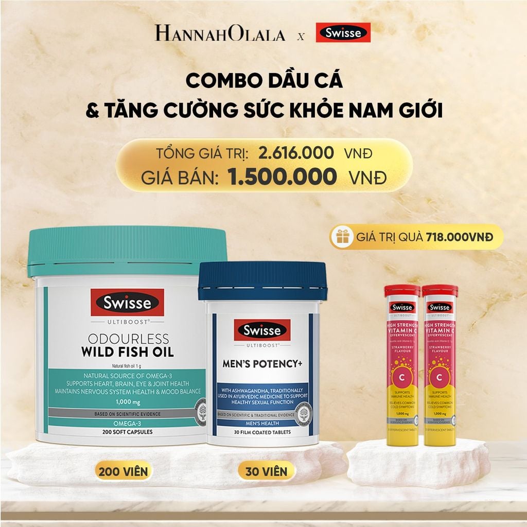  COMBO DẦU CÁ SWISSE ULTIBOOST ODOURLESS WILD FISH OIL 1000MG & TĂNG CƯỜNG SỨC KHỎE NAM GIỚI SWISSE MEN’S POTENCY+ 30V 