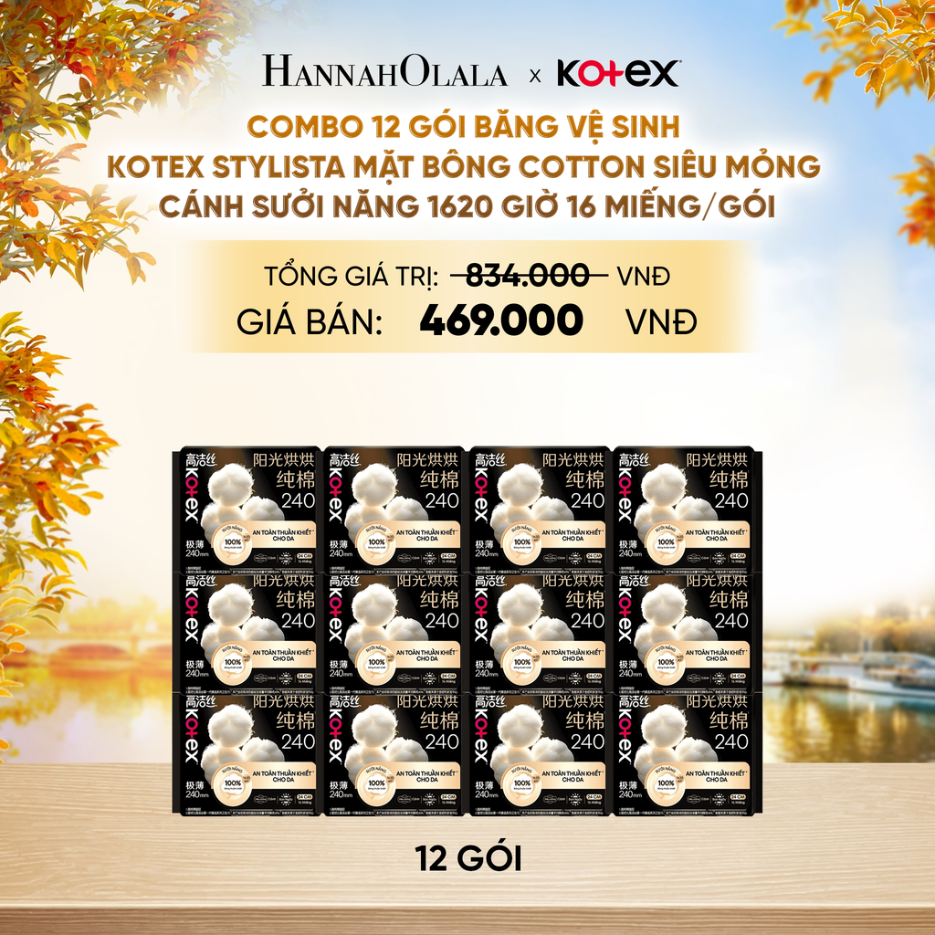 COMBO 12 GÓI BĂNG VỆ SINH KOTEX STYLISTA MẶT BÔNG COTTON SIÊU MỎNG CÁNH SƯỞI NĂNG 1620 GIỜ 16 MIẾNG/GÓI - E899 