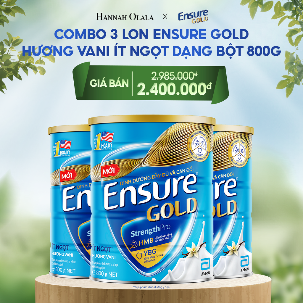  DEAL 8: COMBO 3 LON ENSURE GOLD DẠNG BỘT 800G (VANI ÍT NGỌT) 