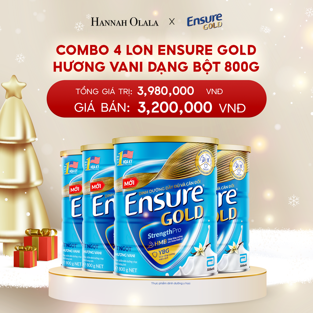  A185_DEAL 10: COMBO 4 LON ENSURE GOLD DẠNG BỘT 800G (VANI ÍT NGỌT) 