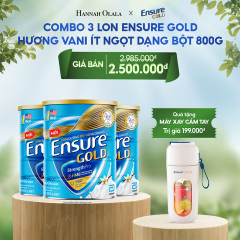  DEAL 10: COMBO 3 LON ENSURE GOLD DẠNG BỘT 800G (VANI ÍT NGỌT) + TẶNG MÁY XAY CẦM TAY 