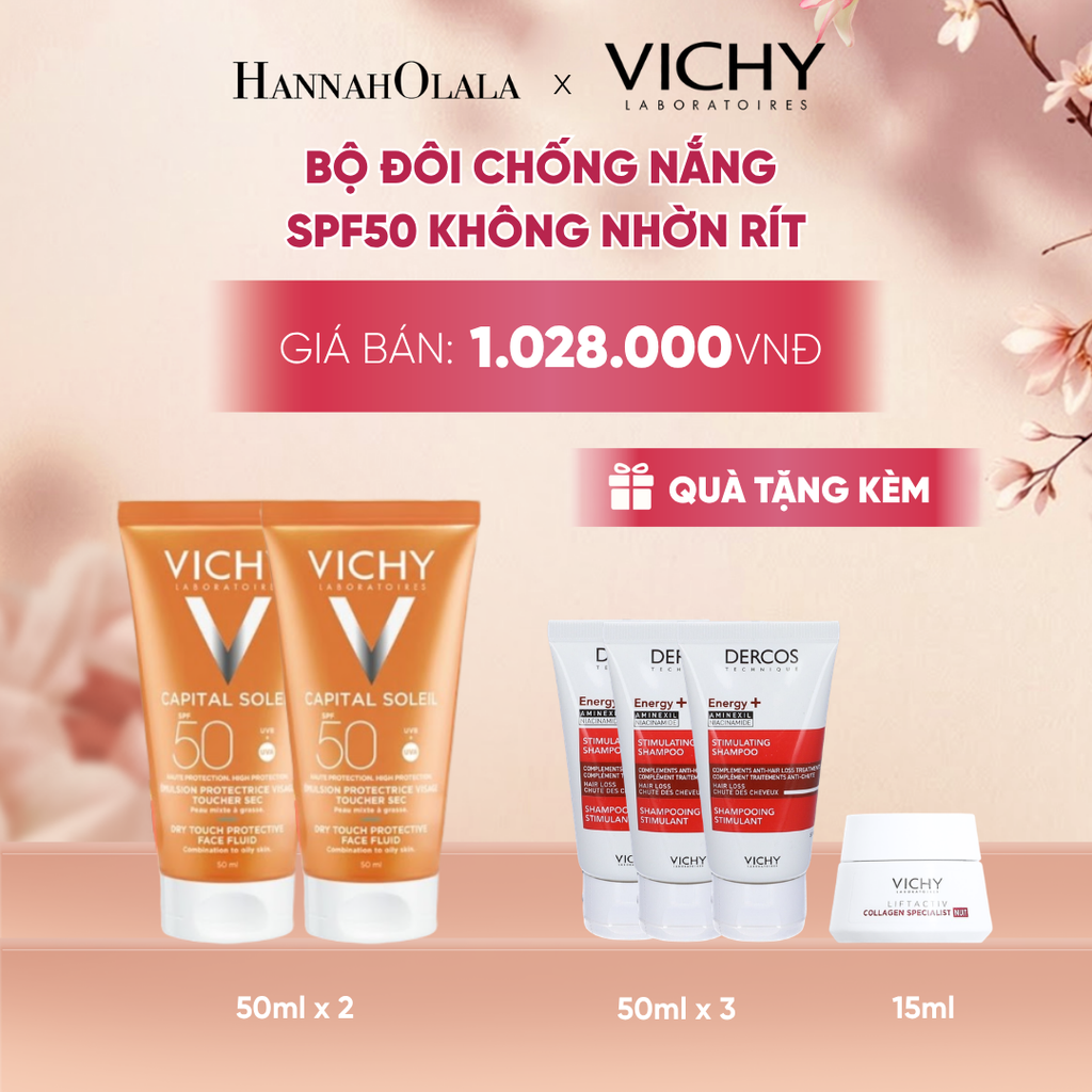  BỘ ĐÔI KEM CHỐNG NẮNG BẢO VỆ DA MỎNG NHẸ KHÔNG BẾT DÍNH SPF 50+ UVA & UVB VICHY CAPITAL SOLEIL DRY TOUCH - A439 