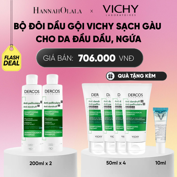  FLASH DEAL BỘ ĐÔI DẦU GỘI VICHY SẠCH GÀU CHO DA ĐẦU DẦU, NGỨA DERCOS ANTI DANDRUFF 200ML_ A247 