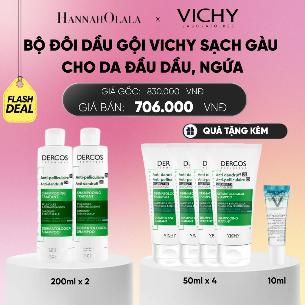  FLASH DEAL BỘ ĐÔI DẦU GỘI VICHY SẠCH GÀU CHO DA ĐẦU DẦU, NGỨA DERCOS ANTI DANDRUFF 200ML_A247 