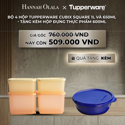  B40_DEAL 30 : BỘ 4 HỘP TUPPERWARE TRỮ KHÔ VÀ MÁT CUBIX SQUARE 1L VÀ 650ML - TẶNG KÈM HỘP ĐỰNG THỰC PHẨM 600ML 
