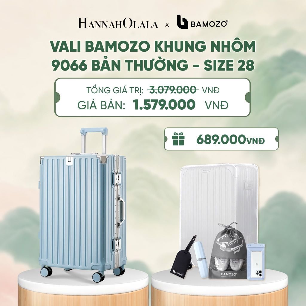 VALI BAMOZO KHUNG NHÔM 9066 BẢN THƯỜNG (TẶNG BỌC VALI TRONG SUỐT + TAG HÀNH LÝ DA + TÚI ĐỰNG GIÀY + HỘP ĐỰNG BÀN CHẢI + TÚI ĐỰNG ĐT CHỐNG NƯỚC) - DEAL 3 - A764 